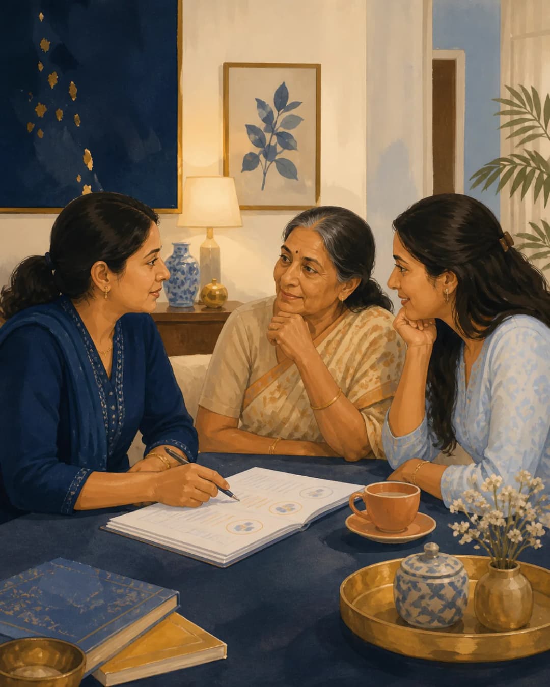 Illustration of a care coordinator discussing a home-care plan with an Indian senior woman and her daughter