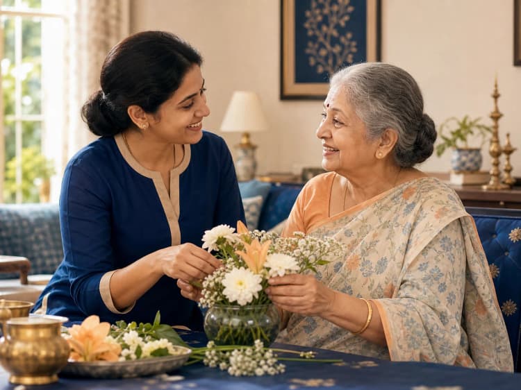Indian elder-care professional sharing a flower-arranging activity with a senior woman at home
